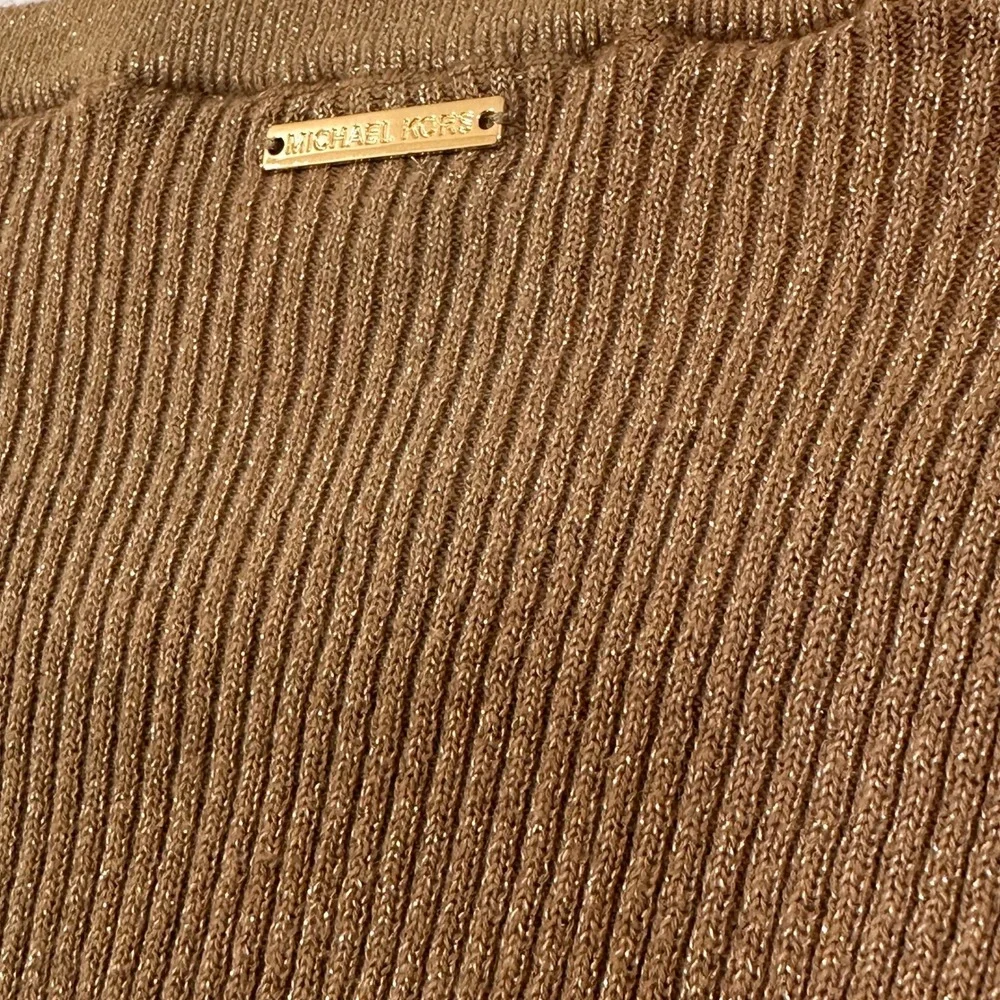 Michael Kors Ribbed Sweater Top Womens Medium Gold Metallic Square Neck‎